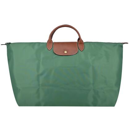 LONGCHAMP LE PLIAGE系列短把再生尼龍摺疊水餃旅行袋(中/鼠尾草綠)/平行輸入