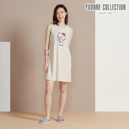 YVONNE COLLECTION熊大麵包網印無袖洋裝-奶霜杏(LINE FRIENDS) 