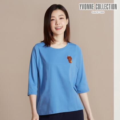 YVONNE COLLECTION熊大棒球繡花七分袖上衣(LINE FRIENDS) 