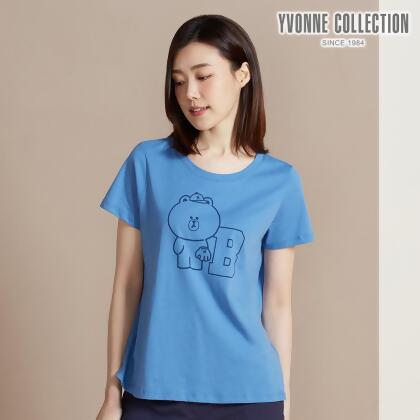 YVONNE COLLECTION熊大棒球網印短袖上衣-寧靜藍(LINE FRIENDS) 