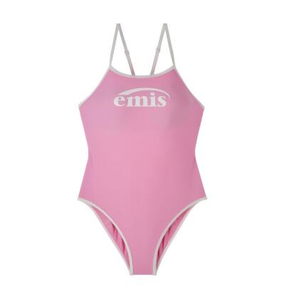 韓國 emis LOGO V-BACK STRAP SWIMSUIT 韓製 後V繫帶連身泳裝 粉紅色PINK/ L 