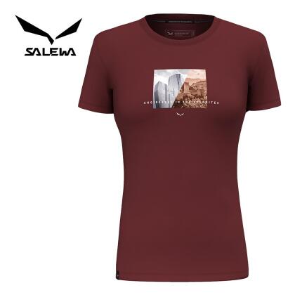 【SALEWA 義大利】PURE DESIGN DRY T-SHIRT 女 運動上衣｜吸濕快乾透氣排汗衣 短袖運動T恤/ 紅酒色 (1570)/ 40 / XS 