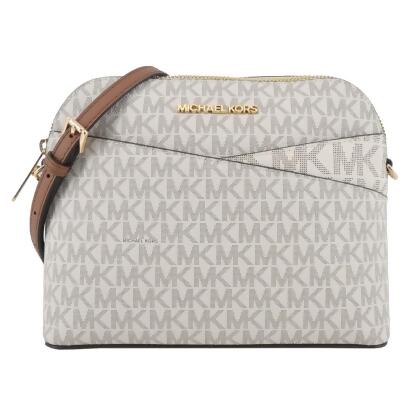 MICHAEL KORS JET SET新版交叉滿版PVC斜背貝殼包-米白/棕/平行輸入 