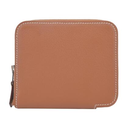Hermes 愛馬仕 Silk In Compact Evercolor拼接Barenia小牛皮拉鍊絲巾短夾(37金棕)/ 平行輸入 