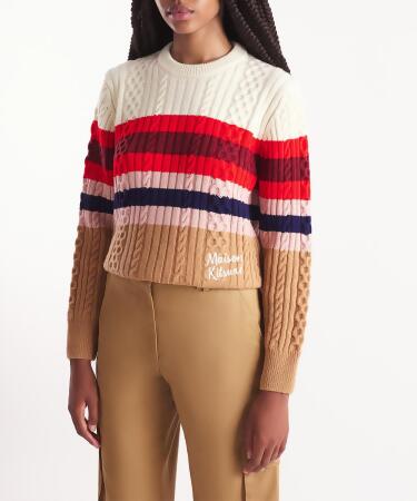MAISON KITSUNÉ 櫻桃番茄紅條紋手繪LOGO蘇格蘭漁夫毛衣_女/ M 