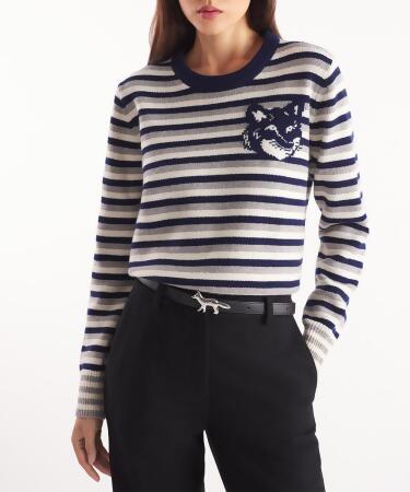 MAISON KITSUNÉ 暮藍色橫條紋狐狸頭LOGO經典毛衣_女/ L 