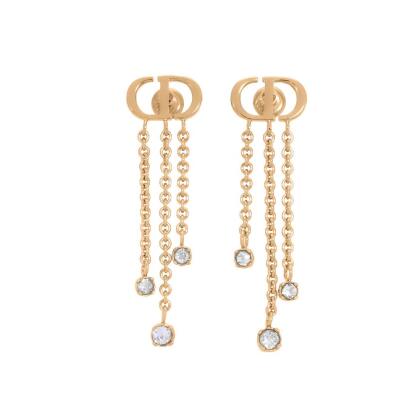 【Dior 迪奧】Petit CD Treasure 垂墜水晶鍊條針式耳環(金色)/平行輸入 