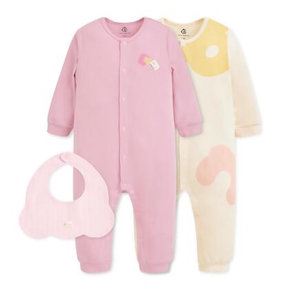 【奇哥】CHIC BASICS系列嬰幼童裝長袖前開扣兔裝/ 2入附圍兜(3-18個月)/ 淺嫣紅色/ 18個月 