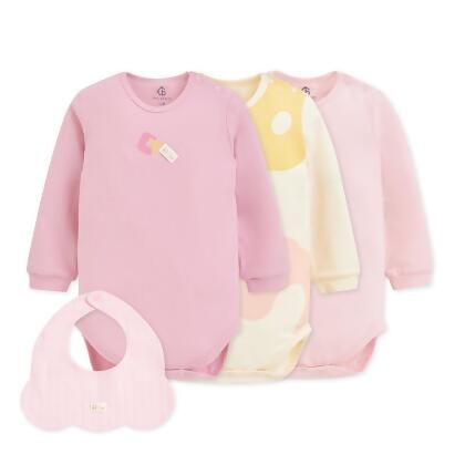 【奇哥】CHIC BASICS系列嬰幼童裝長袖側開包屁衣/ 3入附圍兜(6-24個月)/ 淺嫣紅色/ 12個月 