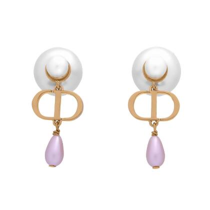【Dior 迪奧】Tribales 垂墜水滴珍珠針式耳環(金色/霓彩粉)/平行輸入 