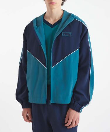 MAISON KITSUNÉ 湖水藍色塊疾行狐狸LOGO連帽防風外套_男/ XL 