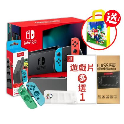 【御玩家】Switch 電力加強版紅藍日規主機 +遊戲多選一+保護組(包+貼+充電座+矽膠套+卡匣盒)+送瑪利歐購物袋/ NS 超級瑪利歐兄弟驚奇 
