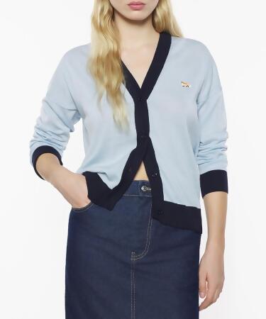 MAISON KITSUNÉ 繡球花淺藍小狐狸LOGO滾邊經典開襟針織衫_女/ S 