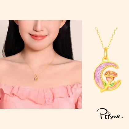 【Prisme Gold】Rosemoon 粉色玫瑰月光黃金項鍊/ 平行輸入 