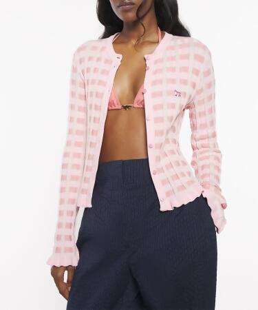 MAISON KITSUNÉ 莓果粉格紋小狐狸LOGO羅紋開襟針織衫/女裝/ M 
