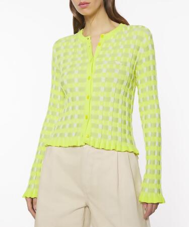 MAISON KITSUNÉ 柚子綠格紋小狐狸LOGO羅紋開襟針織衫/女裝/ M 