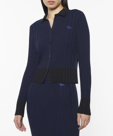 MAISON KITSUNÉ 午夜藍色塊小狐狸LOGO羅紋翻領開襟針織衫/女裝/ M 