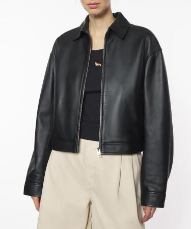 MAISON KITSUNÉ 寧靜黑暗影狐狸LOGO短版拉鍊羊皮夾克/女/ XS 