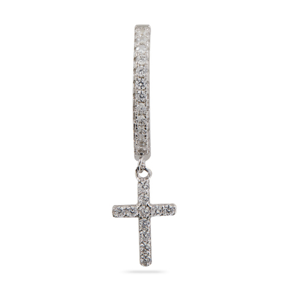 Closeup of Layered Brandi - Cross Huggie Earring in silver, front view