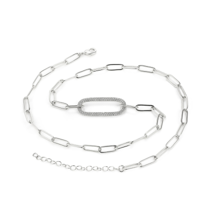 Layered - MARIA - Paperclip Necklace With Pave Oval Link in silver, laying in a flat spiral