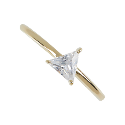 Closeup of Layered Naomi - Sleek Trillion Ring in gold with clear gem, top view
