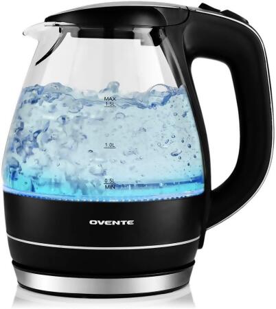 Ovente Electric Hot Water Portable Glass Kettle with Filter 1.5 Liter with Stainless Steel Base 