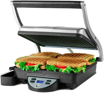 Ovente Electric Countertop Panini Press Grill with Double Nonstick Flat Cast Iron Cooking Plates