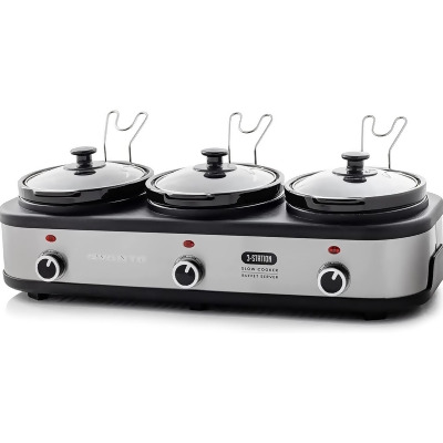 Ovente Stainless Steel Triple Slow Cooker Buffet Server with Glass Lid & Temperature Control SLO315CBR 