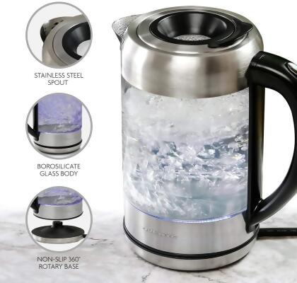 Ovente Electric Glass Hot Water Kettle 1.7 Liter Blue LED Light  Borosilicate Glass with ProntoFill Technology