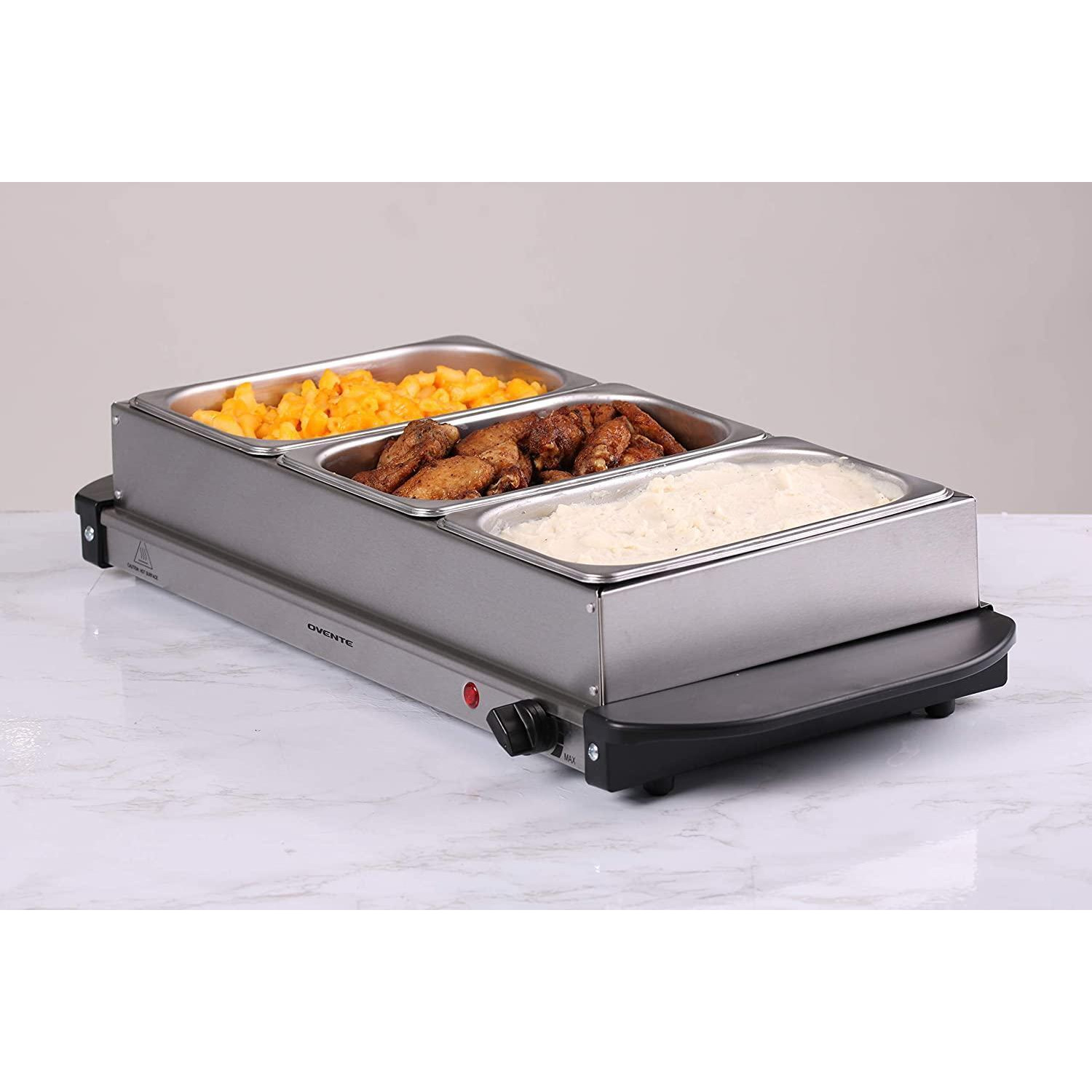 Ovente Electric Buffet Server Three Sectional Stainless Steel Food Warmer Tray