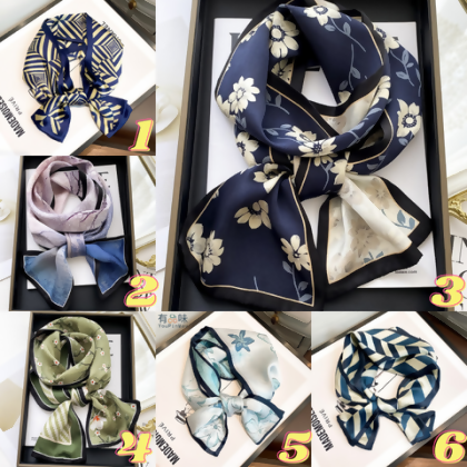 【現貨+預購】春夏甜美平角造型絲巾 蠶絲巾 領巾 - 3.夜幕白花(150*15cm)