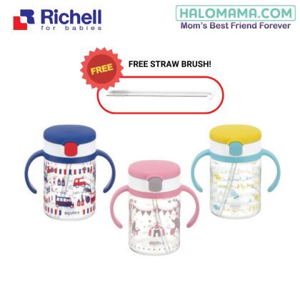  RICHELL AQ Straw Bottle MUG 200ml 7m+ with Free Straw Brush 