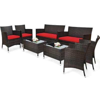 Costway 8PCS Rattan Patio Furniture Set Cushioned Sofa Chair Coffee Table Red\Brown\Turquoise 