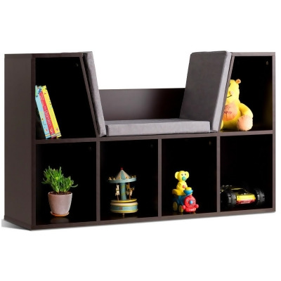 Costway 6 Cubby Kid Storage Cabinet Cushioned Bookcase Multi-Purpose Reading Shelf Brown 