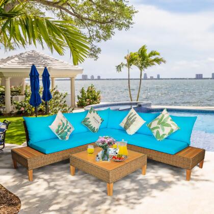 Costway Patio Rattan Furniture Set Loveseat w/Wooden Side Table Cushioned Turquoise 