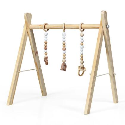 Foldable Wooden Baby Gym with 3 Wooden Baby Teething Toys Hanging Bar Natural 