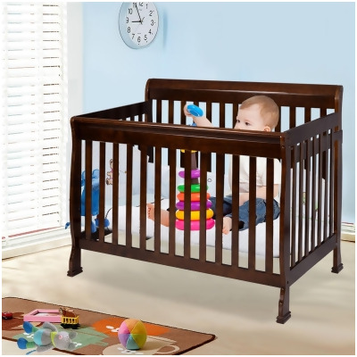 Costway Coffee Pine Wood Baby Toddler Bed Convertible Crib Nursery Furniture Children 