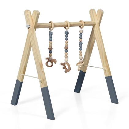 Costway Foldable Wooden Baby Gym with 3 Wooden Baby Teething Toys Hanging Bar Gray 