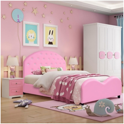 Costway Kids Children PU Upholstered Platform Wooden Princess Bed Bedroom Furniture Pink 