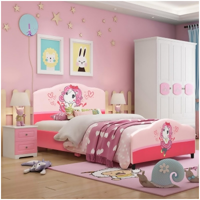 Costway Kids Children Upholstered Platform Toddler Bed Bedroom Furniture Girl Pattern 