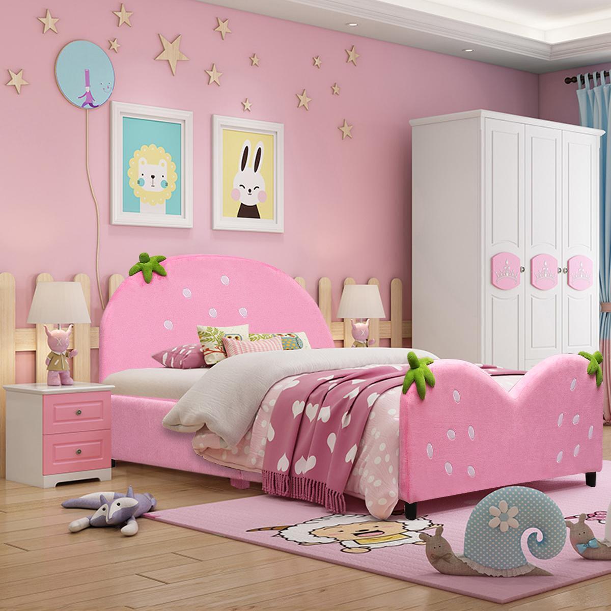 Costway Kids Children Upholstered Platform Toddler Bed Bedroom Furniture Berry Pattern