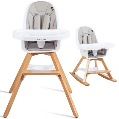 Costway 3-in-1 Convertible Wooden Baby High Chair w/ Tray Adjustable Legs Cushion Gray\ Beige 