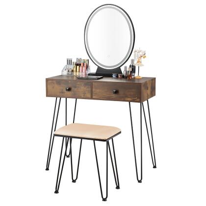 Costway Vanity Makeup Dressing Table W/ 3 Lighting Modes Mirror Touch Switch Rustic\Coffee 