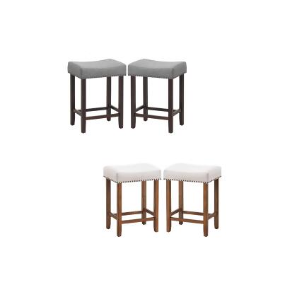 Costway Set of 2 Nailhead Saddle Bar Stools 24'' Height w/ Fabric Seat & Wood Legs BeigeGray 