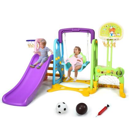 Costway 6 In 1 Toddler Climber and Swing Set w/ Basketball Hoop & Football Gate Backyard 