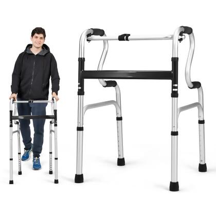 Costway One-button Folding Walker Aluminum Walking Frame w/ Adjustable Height 