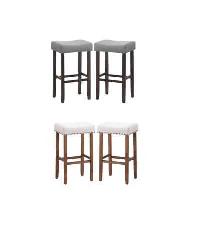 Costway Set of 2 Nailhead Saddle Bar Stools 29.5'' Height w/ Fabric Seat & Wood Legs GrayBeige 