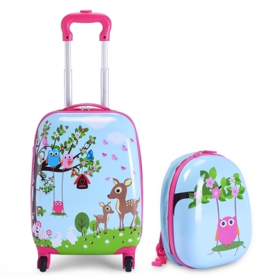 Costway 2Pc 12'' 16'' Kids Luggage Set Suitcase Backpack School Travel Trolley ABS pinkpink&light greendark bluelight 