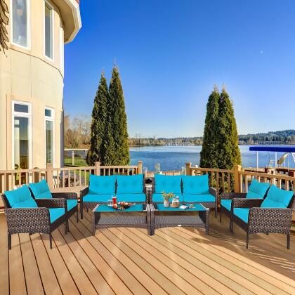 Costway 8PCS Patio Rattan Furniture Set Loveseat Sofa Coffee Table W/Turquoise Cushion