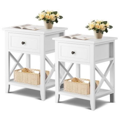 Costway 2PCS Nightstand Chair Side End Table with Drawer & Shelf Bedroom Furniture White 